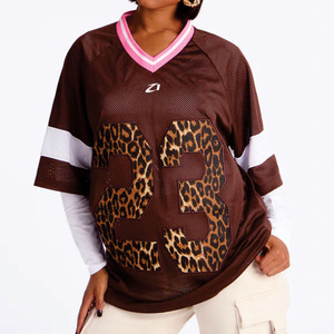 Camiseta Clásica Unisex de Fútbol Americano para Mujer, Color Marrón, Malla, Corte Holgado, Cuello en V, Estampado de Leopardo, Número Impreso, Ropa Deportiva Personalizada - Product Image 6