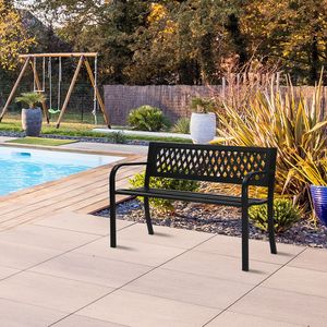 Panca Contemporanea in Ferro da 47 Pollici con Schienale in Rete PVC, Acciaio Inossidabile e Legno Nero per Hotel, Giardini e Uso Esterno - Product Image 5