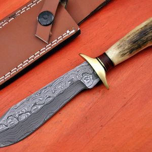 มีดคุณภาพสูง เหล็กดามัสกัสเกรดอุตสาหกรรม ใบมีดแบบ Fixed Blade ปลายแหลม สำหรับกิจกรรมกลางแจ้ง แคมป์ปิ้ง ด้ามจับทำจากเขาสัตว์ - Product Image 4