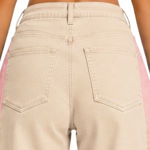 Jean large beige et rose pour femme, taille haute, en denim bicolore, style décontracté streetwear, pantalon tendance coupe ample - Product Image 6