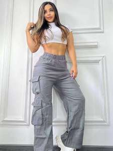 Pantalon cargo taille haute à jambes larges, plusieurs poches, taille élastique, style décontracté, automne, homme, polyester, coton, toile, poids moyen, OEM - Product Image 6