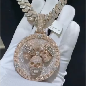 Colgante de Moissanita Hiphop con Incrustaciones de Diamantes, Chapado en Oro Rosa, Diseño 3D de Calavera de Doble Cara, Plata 925, Colgante de Moissanita Personalizado - Product Image 1