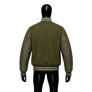 Blouson universitaire en laine d'olive premium pour homme, style streetwear, avec manches assorties, col rabattu, poignets et ourlet, fermeture à boutons corne, hiver - Product Image 2