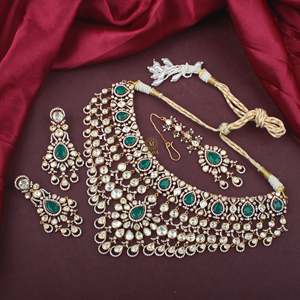 Saraswati Gold Plated Moissanite Pearl Bridal Choker Earring Set - Product Image 1