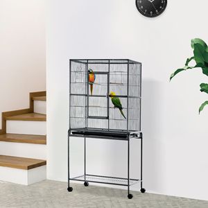 Gabbia per Uccelli in Metallo con Ruote da 30 Pollici, Supporto Rimovibile, Ripiano Portaoggetti, Posatoio in Legno e Contenitore per Cibo, per Uccelli di Taglia Media - Product Image 2