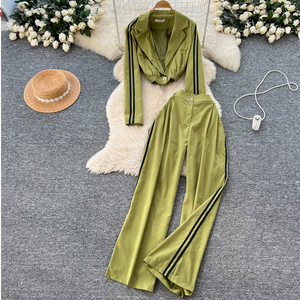 Conjunto Deportivo de 2 Piezas para Mujer, Top Corto a Rayas con Bloques de Color Sólido y Pantalones Deportivos de Manga Larga para Otoño e Invierno - Product Image 4