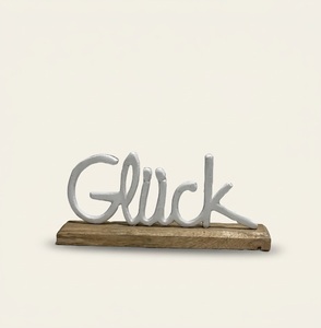 Handmade Glück Good Luck Metal Word Sculpture On Mango Wood Base Silver Cast Aluminium Letters For Modern Living Room <b>Decor</b> - Product Image 1