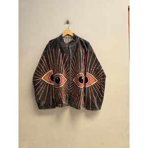 <b>Women</b>’s Gray Velvet Zip-Up Bomber Jacket with Stand Collar, Y2K Embroidered Eye Design, Vintage Streetwear Autumn <b>Coat</b> - Product Image 1