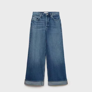 High Waisted Wide Leg Denim Jeans for Women Stonewashed Cotton Casual Pants with Cuffed Hem Loose Fit Full Length Autumn Style - Product Image 2