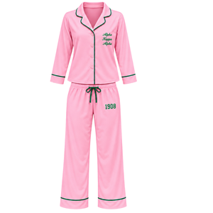Premium Pink <b>Womens</b> Pajama Set with Embroidered Greek Letters Contrast Green Trim Relaxed Fit <b>Button</b> <b>Up</b> <b>Shirt</b> - Product Image 1