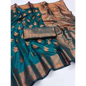 DISEÑADOR DE COBRE DE SEDA SUAVE JARI TEJIDO TRABAJO SAREE CON BLUSA SIN COSER RAMA - Product Image 1