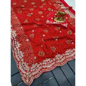 NEW ARRIVAL GEORGETTE BANDHANI PRINTED PITA WORK SAREE with UNSTITCHED <b>BLOUSE</b> in <b>RED</b> - Product Image 1