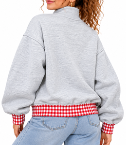 OEM Women’s <b>Mock</b> Neck Sweatshirt 100% Cotton Fleece Custom Gingham Design Boxy Fit Solid Color Autumn Winter Apparel - Product Image 4