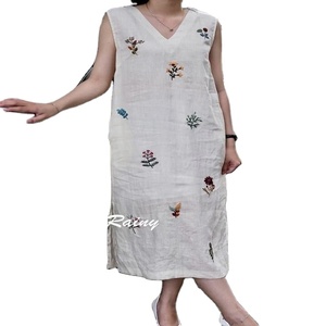 Vestido Largo Vintage de Lino Estampado a Mano con Puntos, Holgado y con Cintura Fruncida, para Mujer, Ideal para Vacaciones de Verano - Product Image 1