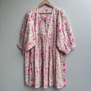 เดรสลำลองผู้หญิง ผ้าทอ 100% คอตตอน ลายพิมพ์ดอกไม้/สีพื้น แขนสั้น เอวทรงเอ็มไพร์ ทรงเบบี้ดอลล์ โอเวอร์ไซส์ คอวี ทรงหลวม - Product Image 1