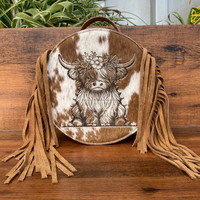 Sac à bandoulière rond en cuir de vachette à franges fait main pour femmes, style western, avec motif floral gravé au laser, sac à main en daim