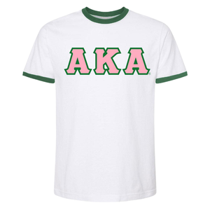 T-shirt décontracté à col rond et manches courtes AKA, avec lettrage et imprimé appliqué AKA, blanc et vert, pour sororité - Product Image 1