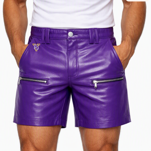 Men's High Waist Leather <b>Shorts</b> With <b>Zipper</b> Pockets Moto Style Solid Color Front Logo Design - Product Image 3