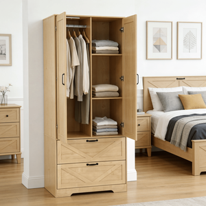 Armadio in Legno a 2 Ante per Camera da Letto con Asta Appendiabiti Interna e 2 Cassetti per Organizzazione e Stoccaggio - Product Image 3