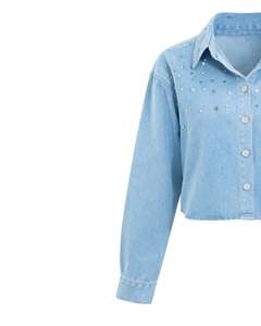 Veste en jean courte bleu clair personnalisée pour femme avec boutons ornés de strass, manches longues, style décontracté et tendance - Product Image 5