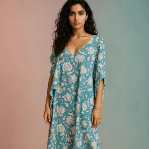 Impresionante Kaftán Midi de Cintura Alta con Estampado Floral Sanganeri en Azul Turquesa, 100% Algodón Ecológico, Corte Asimétrico Regular, Estilo Kimono - Product Image 1