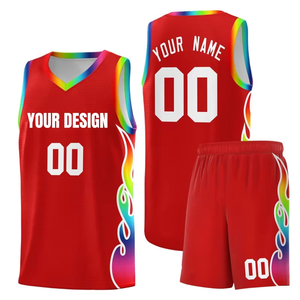 ชุดเสื้อบาสเก็ตบอลสีรุ้งแบบกำหนดเอง แขนกุด คอวี พิมพ์ลายแบบซับลิเมชั่น ผ้าตาข่ายระบายอากาศ โพลีเอสเตอร์ 100% สำหรับผู้ใหญ่ ยูนิเซ็กซ์ 140 กรัม ด้านหน้า - Product Image 3