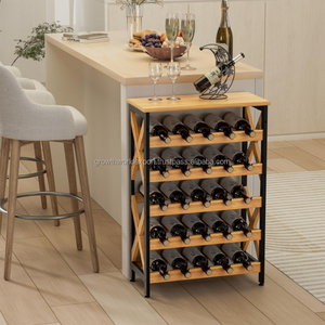 Étagère de rangement pour bouteilles de vin en bois |   Porte-bouteille de vin de style moderne |   Armoire à vin en bois massif et métal pour salon |   Multi-niveaux - Product Image 3