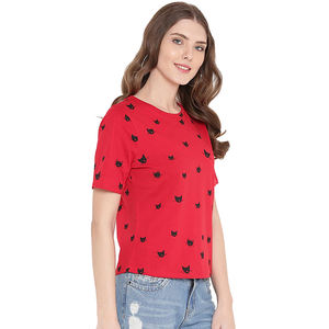 Camisetas Casuales de Verano para Mujer, Cuello Redondo, Color Rojo, 3D, Ecológicas, 100% Algodón, Corte Regular, Teñido Liso, Servicio OEM, Mejor Calidad - Product Image 3