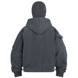 Custom Streetwear Solid Hooded Polyester/Cotton Casual Heavyweight Fleece Thermal <b>Lined</b> Autumn Washed Zipper-Up <b>Coat</b> Arm Sleeve - Product Image 5