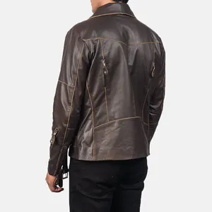 Sisa Apparels Vincent Brown Leather <b>Biker</b> <b>Jacket</b> for Men with Ruboff Vintage Finish Silk Screen Printed - Product Image 4