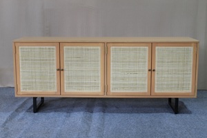 Mahogany Wood & Rattan <b>TV</b> Cabinet 4-Door Storage with Metal Leg for Living Room - Product Image 3