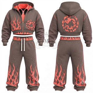 Conjunto Deportivo para Hombre con Estampado de Llamas en Serigrafía, 100% Algodón, Cremallera Completa, 450 Gsm, Sudadera Corta con Capucha, Pantalones Jogger, Corte Holgado Informal - Product Image 3