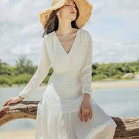 Robes longues en mousseline de soie tissée pour femmes, style A-Line, à volants, avec fermetures éclair, service OEM Vietnam, blanches, décontractées, à manches longues, nouvelles arrivées