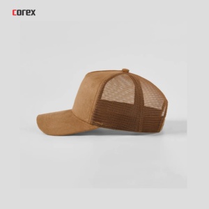Casquette 5 panneaux ajustable en daim marron personnalisé avec dos en maille, logo brodé 3D, style streetwear unisexe, pour plage et soirées, fermeture snapback - Product Image 3