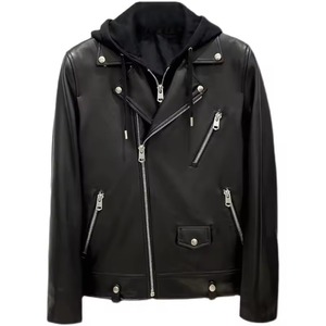 Veste en cuir véritable coupe ajustée style urbain avec capuche amovible, fermeture éclair frontale, manteau court d'hiver - Product Image 1