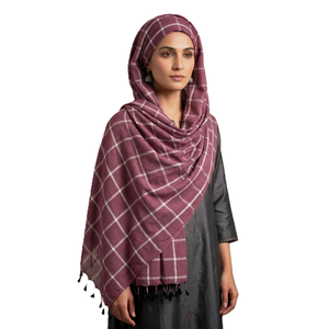 Foulard Hijab à Carreaux en Polypropylène pour Femme, Long et Léger, Violet avec Pompons, Usage Quotidien, Fournisseur OEM en Gros - Product Image 3