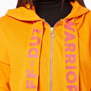 Women's Oversized Hooded Long Sleeve Sweatshirt Dress With Zipper And Letter Print In Orange Knitted Cotton Autumn Wear - Product Image 6