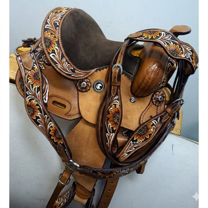 Selle Western pour enfant en cuir véritable de qualité supérieure avec ensemble de harnais, motif floral tournesol, courbée, personnalisable en couleur et taille - Product Image 5