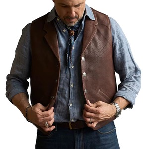 Gilet en cuir véritable pour homme, marron personnalisé, le plus vendu, en cuir de vachette véritable, col à revers, style western, sans manches, vêtement d'extérieur - Product Image 2
