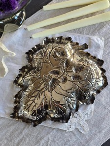 Silver Leaf Shape Embossed Metal <b>Tray</b> With Floral Design Decorative Serving Plate Suitable For <b>Snacks</b> Dry Fruits And Table Decor - Product Image 2