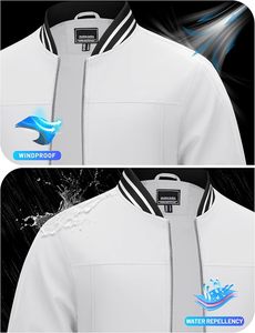 เสื้อแจ็คเก็ตบอมเบอร์สีขาวสำหรับผู้ชาย แบบซิป คอตั้ง ทรงเบสบอล พร้อมปลายแขนเสื้อแบบริบแถบดำ - Product Image 5