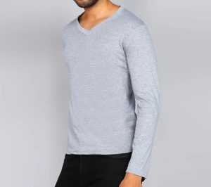 T-shirt à manches longues pour homme, col en V, gris, coupe classique, jersey tricoté uni, haut décontracté - Product Image 1