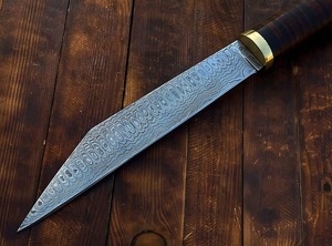 Couteau Viking Seax ambidextre vintage fait main, lame en acier Damas avec manche et fourreau en cuir - Product Image 3