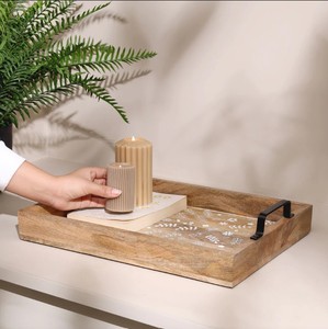 Bandeja Rectangular Grande de Madera Tallada a Mano con Diseños Florales a Cuadros, Asas de Diseño Moderno, para Mesa, Jarrón, Boda, Diwali - Product Image 2