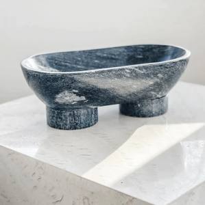 Bol en marbre gris avec hiboux, design unique sur piédestal, sculpture décorative artisanale pour centre de table - Product Image 1