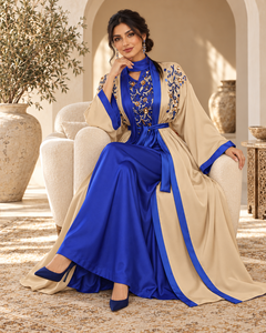 Caftán marroquí elegante en azul real y beige champán con bordado de cuentas, mangas anchas maxi, cinturón y bufanda a juego. - Product Image 6