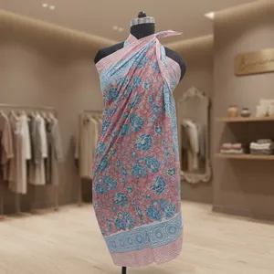 Pink Blue Floral Hand Block Printed Cotton Sarong Scarf with Decorative Border Lightweight <b>Beach</b> <b>Wrap</b> Stole for Women - Product Image 1