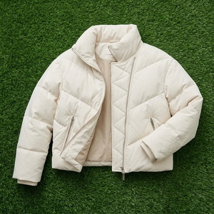 Unisex <b>White</b> Puffer <b>Jacket</b> Stand Collar <b>Short</b> Length Windproof Polyester Wadding Winter Casual Zipper Closure - Product Image 6