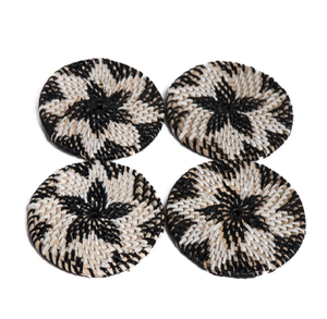 Handcrafted round natural rattan <b>drink</b> <b>coasters</b> with blue floral porcelain center insert, available at wholesale prices. - Product Image 4