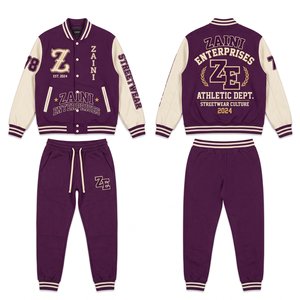 <b>Women</b> Varsity <b>Tracksuit</b> 380 GSM Cotton Polyester Fleece <b>Purple</b> Cream Panel Design Chenille Embroidery Custom Logo Set - Product Image 1